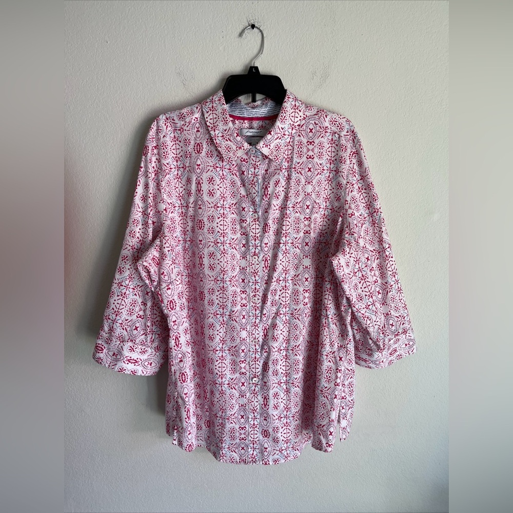 Foxcroft NYC 3/4 Sleeve Shirt Women 20W White, Pink